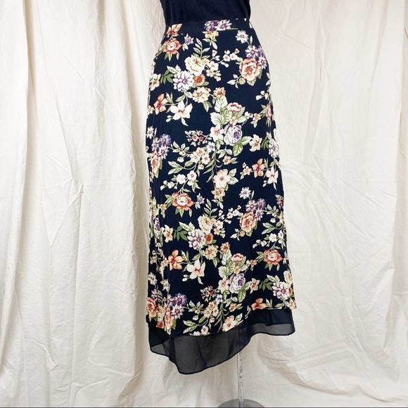Vintage 90s Floral Romantic Flowers Silk High Rise Black Lined Midi Skirt - Picture 2 of 11